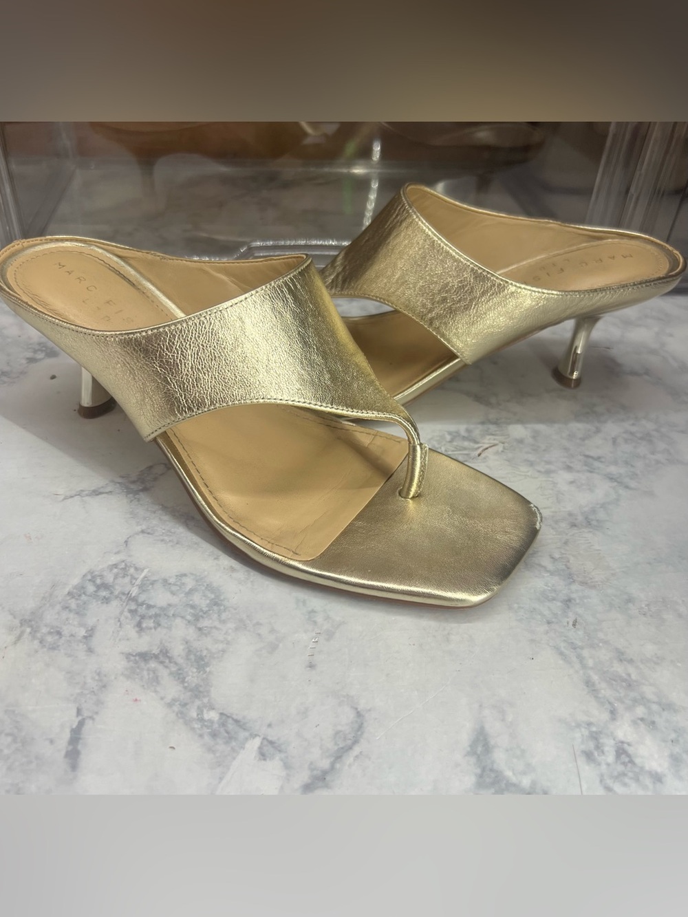 Marc Fisher Gold Metallic Thong Kitten Heel Mules